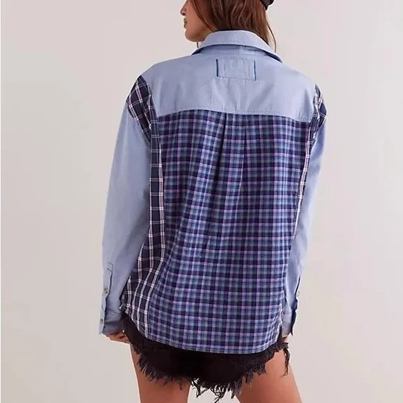 Free People Rare Argyle Plaid Quilt Button Oversized Shirt - Picture 2 of 7